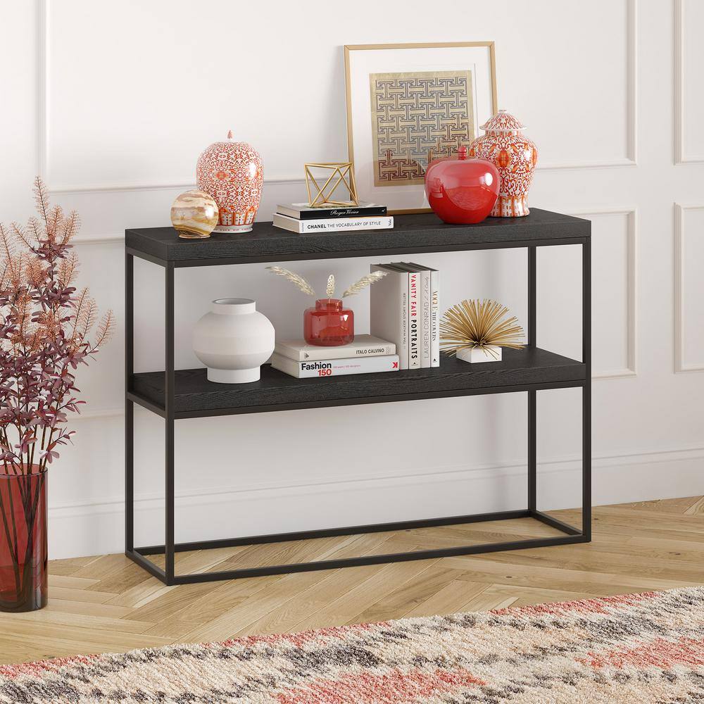 Edmund 42" Black Grain Metal & Wood Console Table with Geometric Frame
