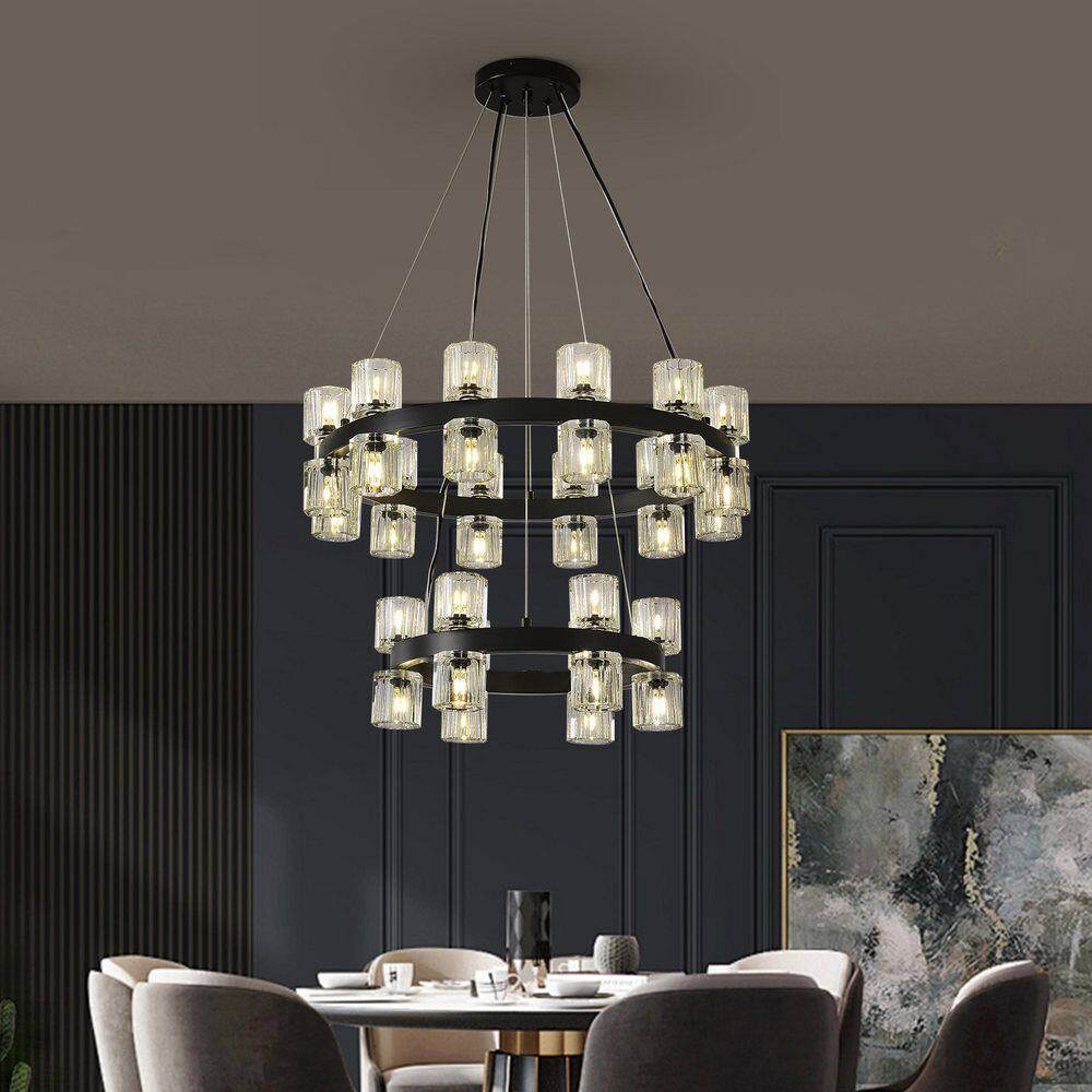 Modern 36-Light Black 2-Tier Wagon Wheel Chandelier with Clear Cystal Shades with bulbs included price history on PriceWatchPro