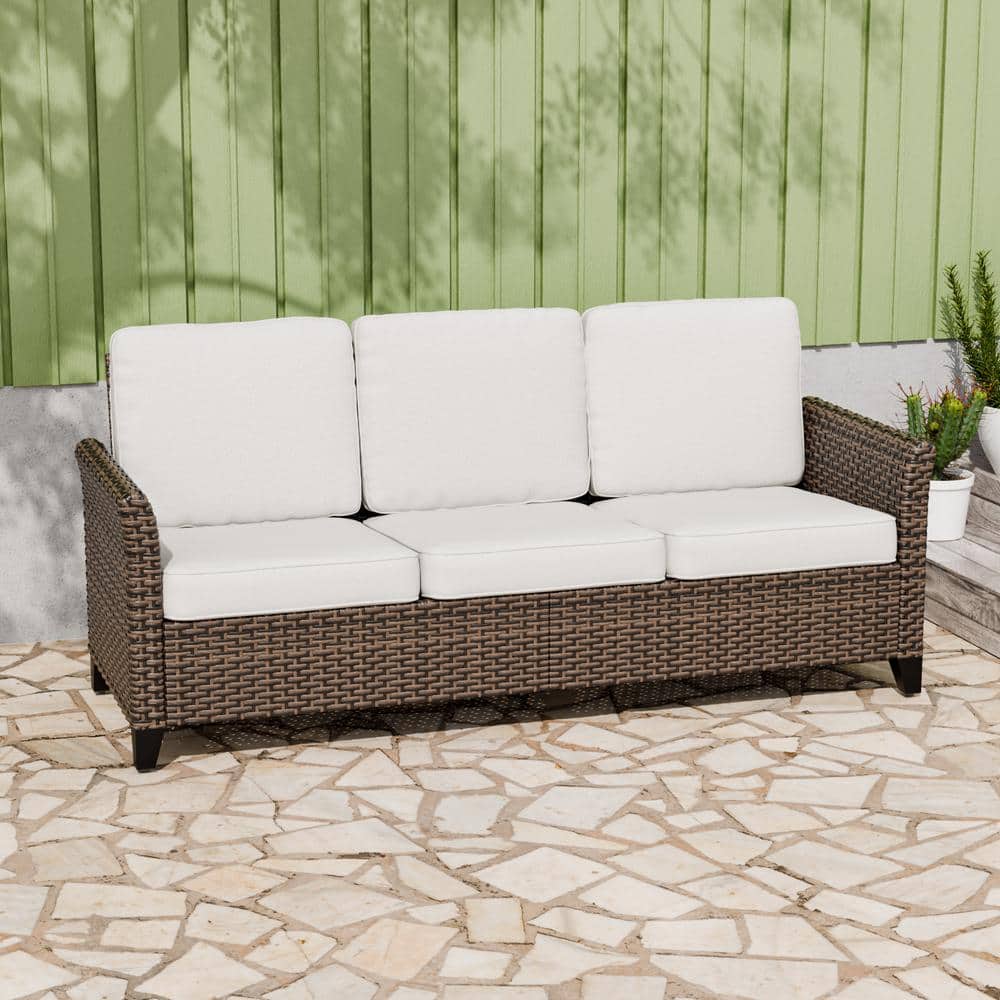 Outdoor Multi-Brown Wicker and Steel 3-Seat Sofa with Beige Cushions