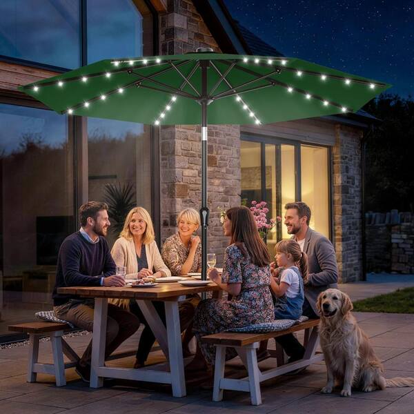 green solar patio umbrella Garvee 10' with 40 LED Lights, Outdoor Market Umbrella with Auto-Tilt Crank & Weather-Resistant Canopy, Dark it will provide you with just the right amount of bright light even in the dark 10FT Patio Umbrella with 32
