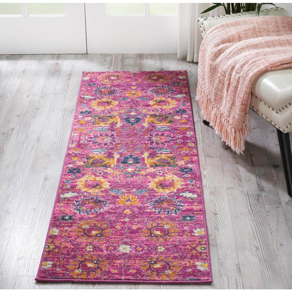 Fuchsia Floral Geometric Synthetic Runner Rug 1'10" x 6'