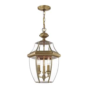 Aston 21 in. 3-Light Antique Brass Dimmable Outdoor Pendant Light with Clear Beveled Glass and No Bulbs Included