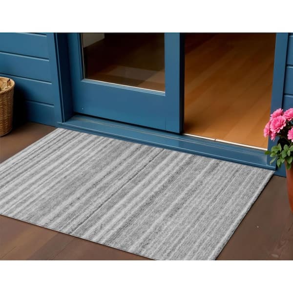 Gray, Silver, Charcoal 3 ft. x 5 ft.  Woven Striped Polyester Rectangle Indoor / Outdoor Area Rug