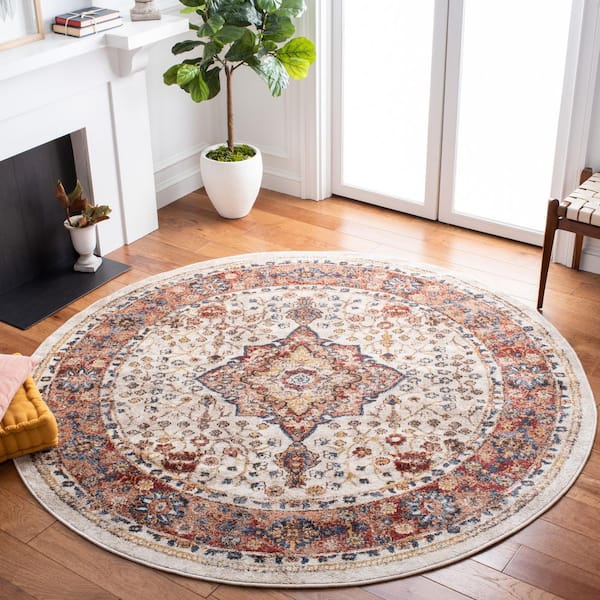 Bijar 8 ft. x 8 ft. Round Ivory/Rust Border Distressed Medallion Area Rug