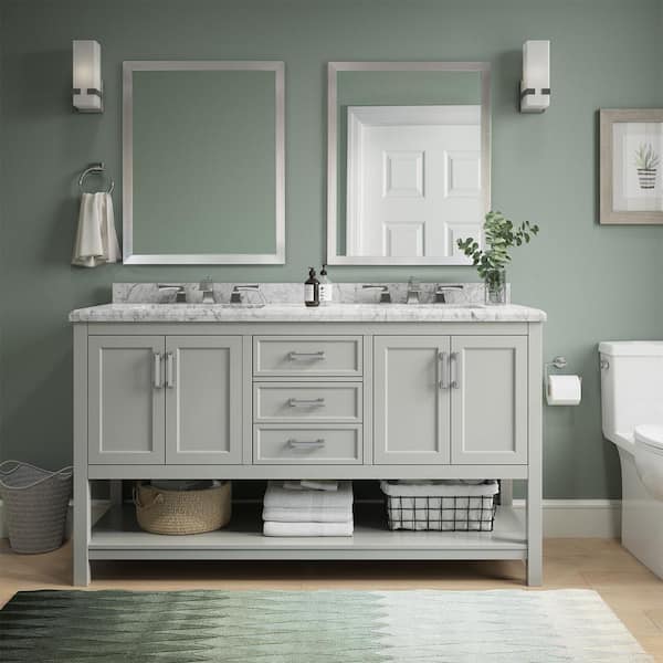 Home Decorators Collection Everett 61 in. W x 22 in. D x 36 in. H Double Sink Freestanding Bath Vanity in Gray with Carrara Marble Top