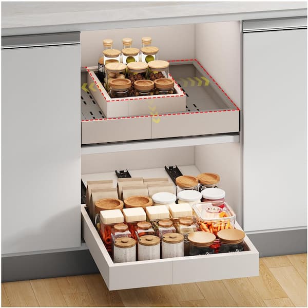 No Drill Pull out Cabinet Organizer,Expandable Width (11in.-16in.)Depth (13in.-17in.) w/ 3 Rail for Kitchen Pantry White
