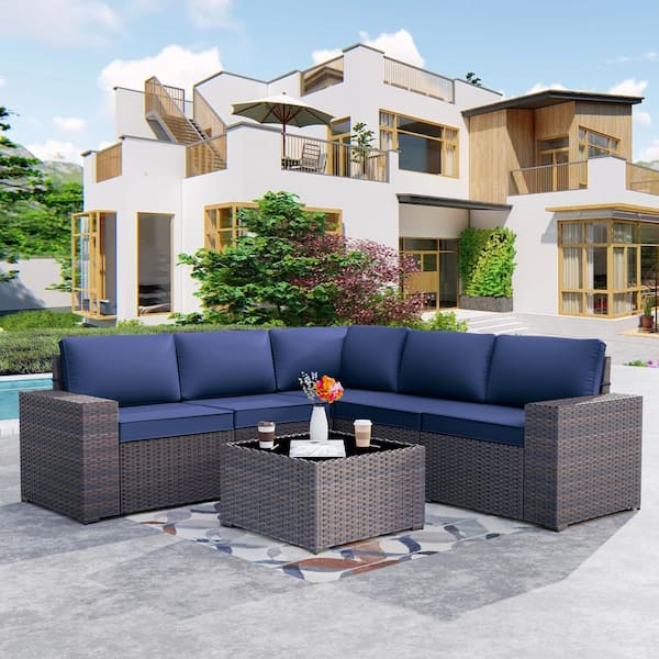 Halmuz 6-Piece Wicker Outdoor Sectional Set with Navy Blue