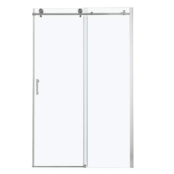 48 in. W x 76 in. H Sliding Frameless Shower Door in Brushed Nickel with 5/16 in. (8 mm) Clear Glass and Handle
