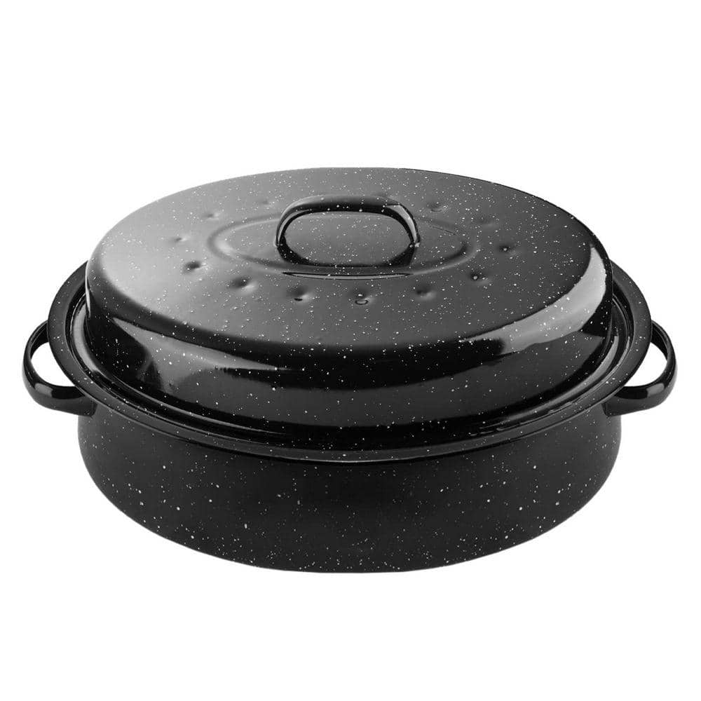 Black Enamel on Steel Covered Oval Roasting Pan with Lid Cooktop