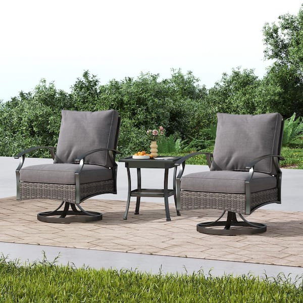 3-Piece Metal Swivel Outdoor Rocking Chairs Patio Conversation Set with Gray Cushions