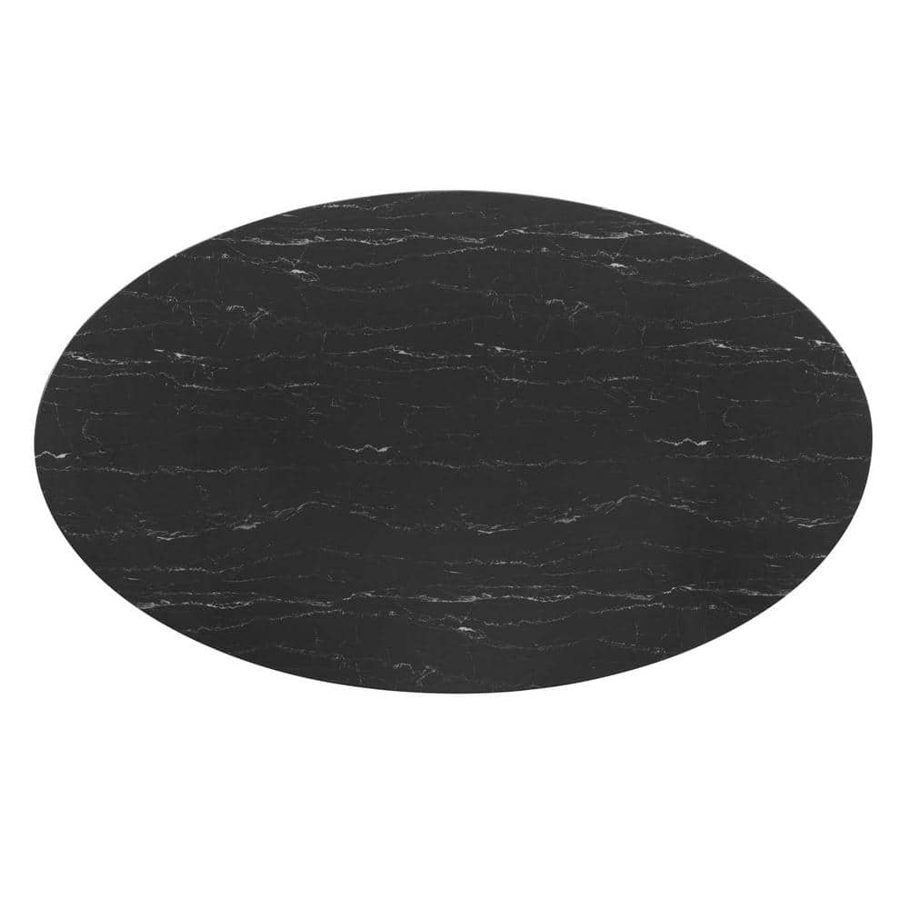 Black Oval Artificial Marble Dining Table with Metal Pedestal Base