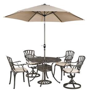 Grenada Taupe Tan 42 in. 5-Piece Cast Aluminum Round Outdoor Dining Set with Umbrella with Natural Tan Cushions
