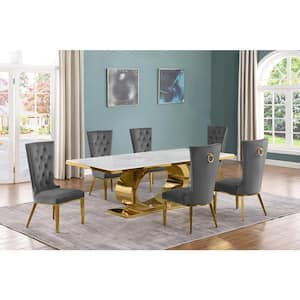 Ibraim 7-Piece Rectangle White Marble Top Gold Stainless Steel Base Dining Set with 6 Dark Grey Velvet Fabric Chairs