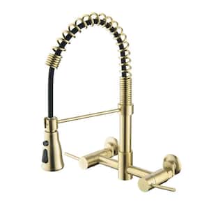 Doubel Handle Wall Mount Gooseneck Pull Down Sprayer Kitchen Faucet Commercial Stainless Steel 2 Hole in Brushed Gold