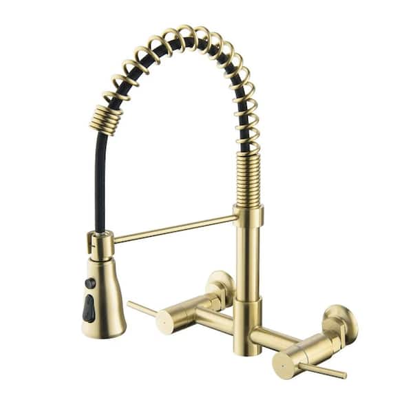 FLG Doubel Handle Wall Mount Gooseneck Pull Down Sprayer Kitchen Faucet Commercial Stainless Steel 2 Hole in Brushed Gold