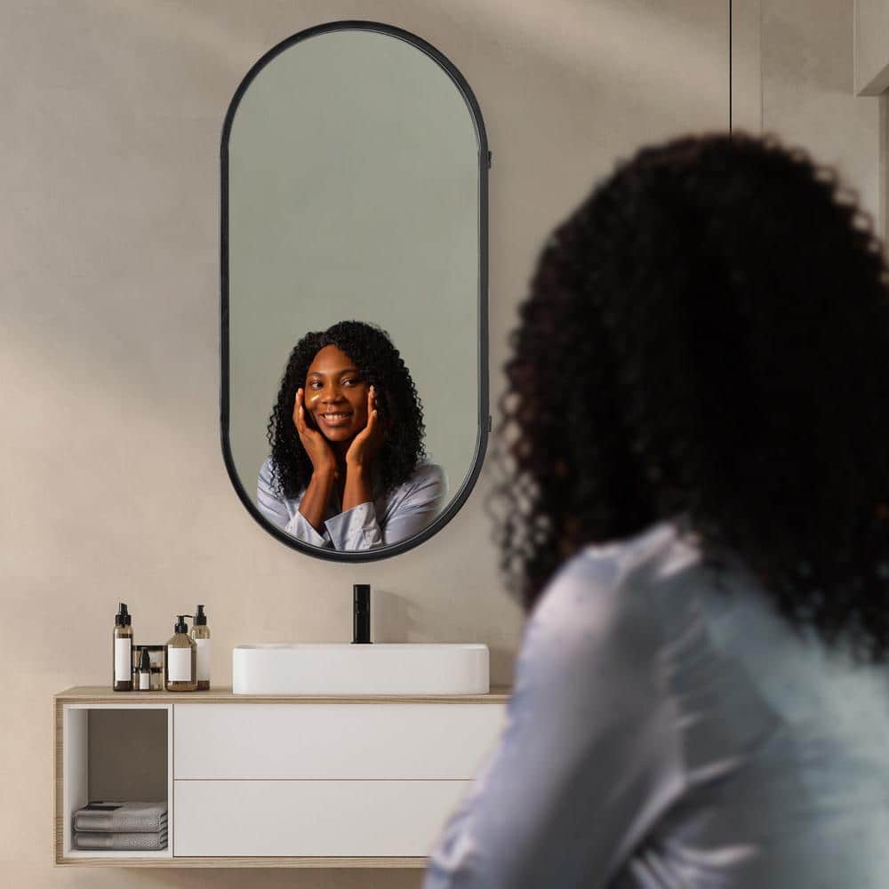 Black Metal Oval Vanity Mirror with Storage Shelves - 15" x 30"