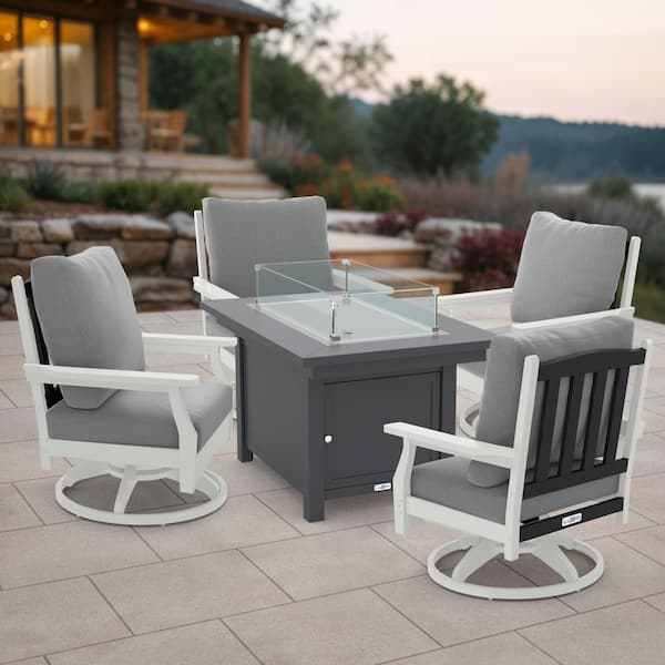 Cortina 25 in.(H) x 45 in.(W)Gray 5-Piece Plastic Patio Fire Pit, Two Tone Swivel Deep Seating Set with Gray Cushions