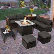 35 in. 9-Piece Wicker Patio Fire Pit Set Space-Saving Sectional Sofa Set with Storage Box and Gray Cushions