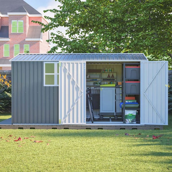 12 ft. W x 8 ft. D Metal Outdoor Storage Shed with Window and Lockable Doors, Tool Shed Garden Shed, Gray(96 sq. ft. )