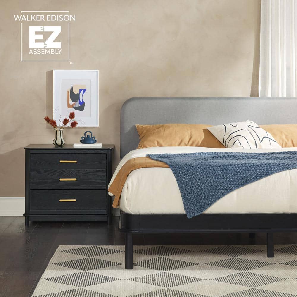 Contemporary Black Pine Wood King Bed with Gray Upholstered Headboard
