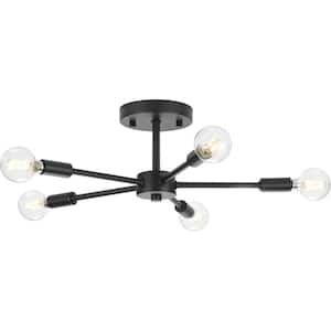 Delayne 16 in. 5-Light Matte Black Semi-Flush Mount Light with Etched Glass Shades