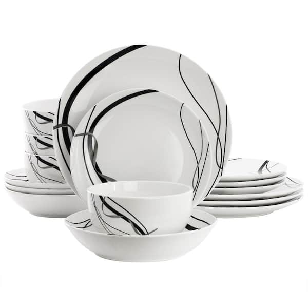 Sarah 16-Piece Porcelain Double Bowl Black Ribbon Dinnerware Set, Service for 4 in White and Black