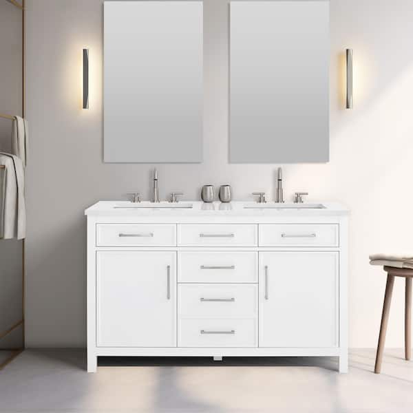 Cooper 54 in. W Bath Vanity in White with Engineered Stone Top in Ariston White with White Sinks