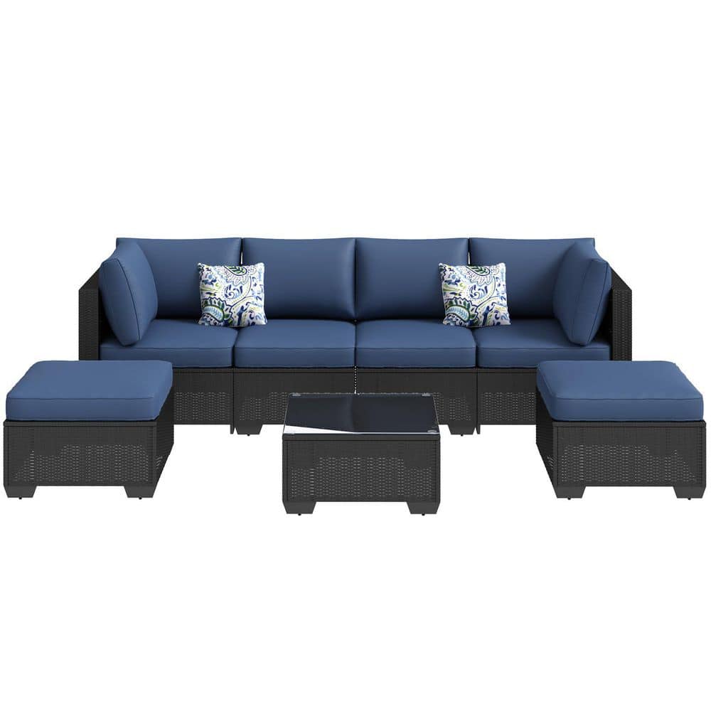 7-Piece Black Wicker Outdoor Patio Conversation Set with Dark Blue ...