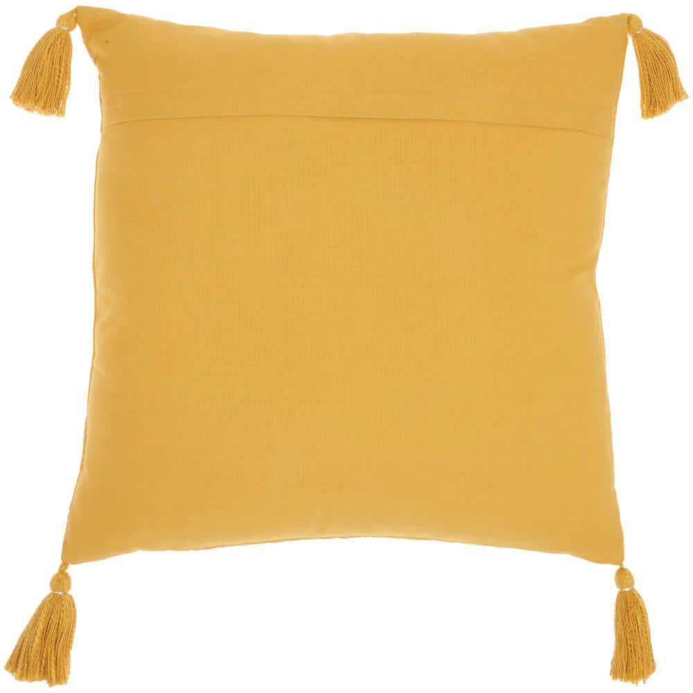 Golden Yellow Embroidered Cotton Throw Pillow with Tassels, 20x20