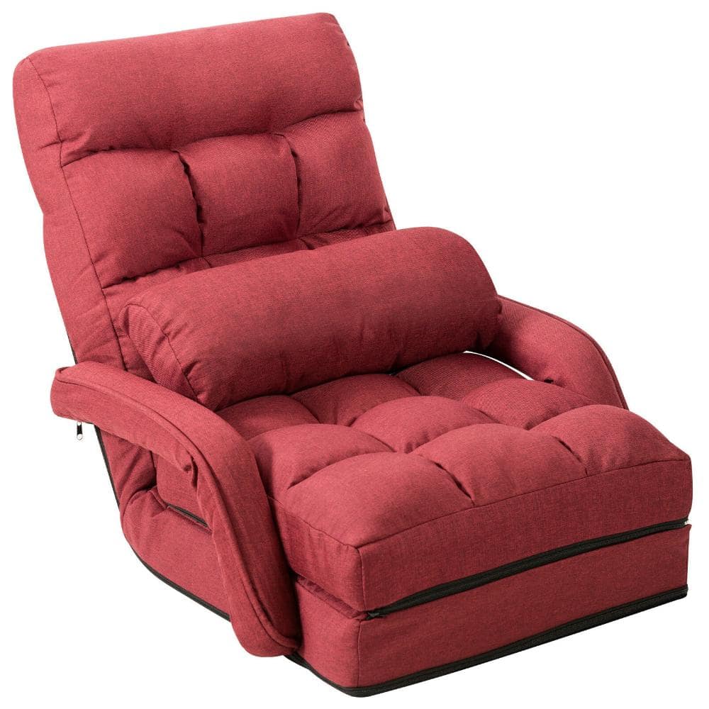 Folding Floor Chair Sofa with Armrests Lumbar Pillow and 6 Backrest Positions to 180 Degrees, Red