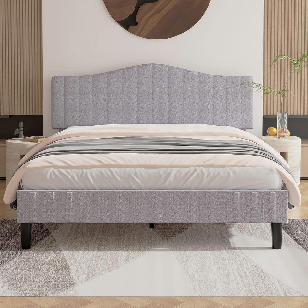 VECELO Upholstered Bed Frame With Sheepskin Fabric Adjustable Headboard ...