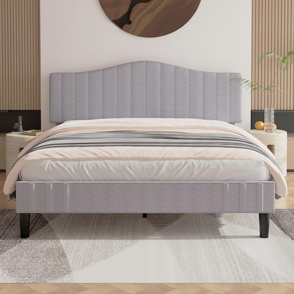 VECELO Upholstered Bed Frame with Sheepskin Fabric Adjustable Headboard ...