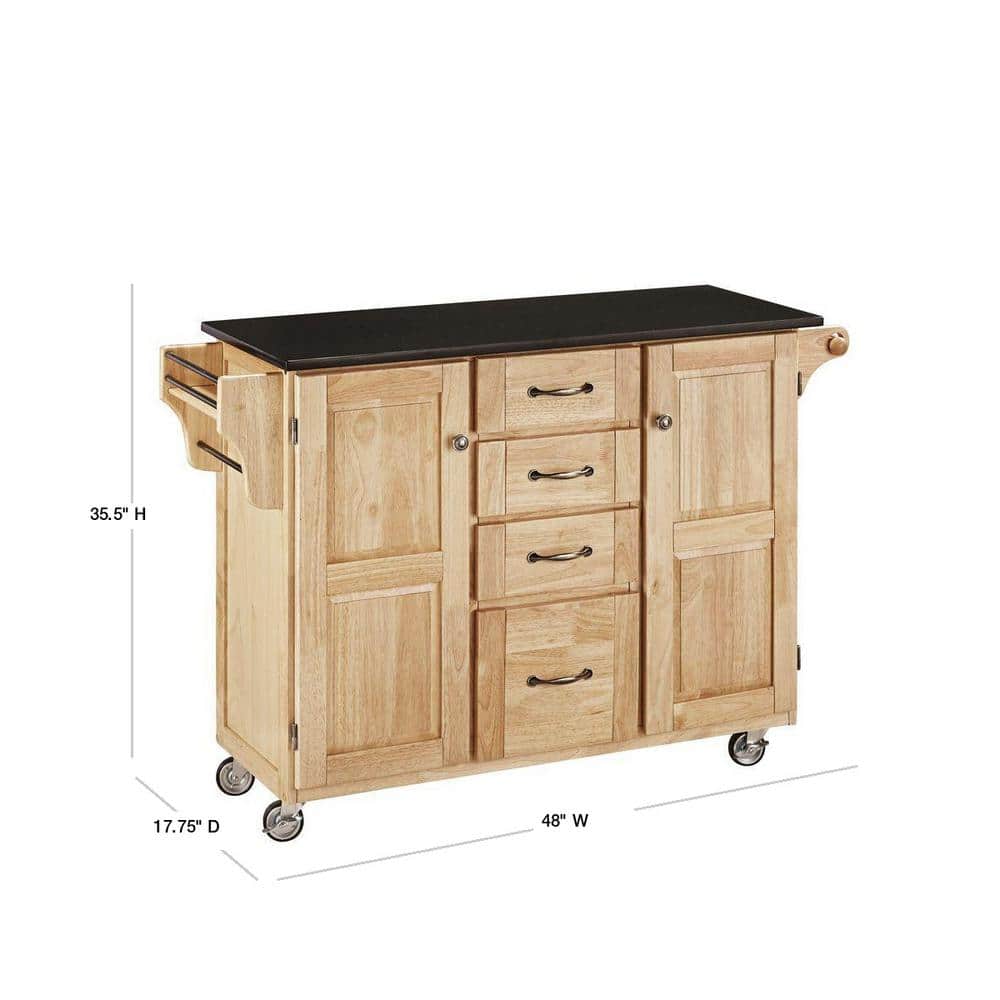 Natural Wood Kitchen Cart with Black Granite Top and Storage