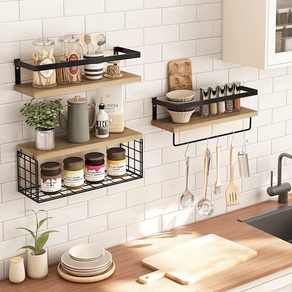 Floating Wall Shelves for Kitchen Bathroom Coffee Nook with 10 Adjustable Hooks for Mugs Cooking Utensils or Towel