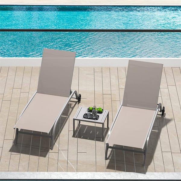 Cesicia Adjustable Backrest Grey Frame 2-Piece Metal Outdoor Chaise Lounge on Wheels with Table in Khaki