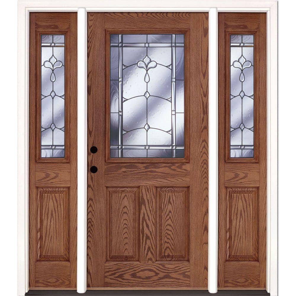 63.5 in. x 81.625 in. Carmel Patina 1/2 Lite Stained Medium Oak Right-Hand 