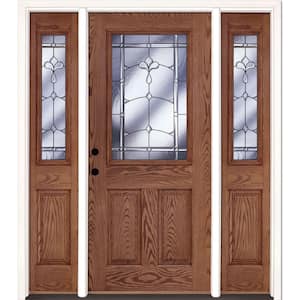 63.5 in. x 81.625 in. Carmel Patina 1/2 Lite Stained Medium Oak Right-Hand Fiberglass Prehung Front Door with Sidelites