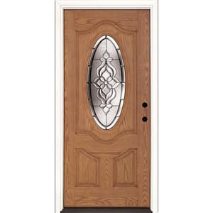 37.5 in. x 81.625 in. Lakewood Patina 3/4 Oval Lite Stained Light Oak Left-Hand Inswing Fiberglass Prehung Front Door