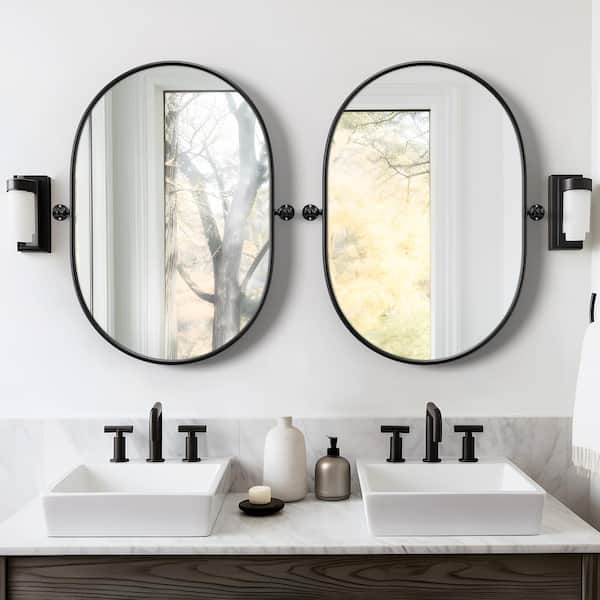 Lirago 23 in. W x 31 in. H Oval Metal Framed Pivoted Bathroom Wall Vanity Mirror in Black (Set of 2)