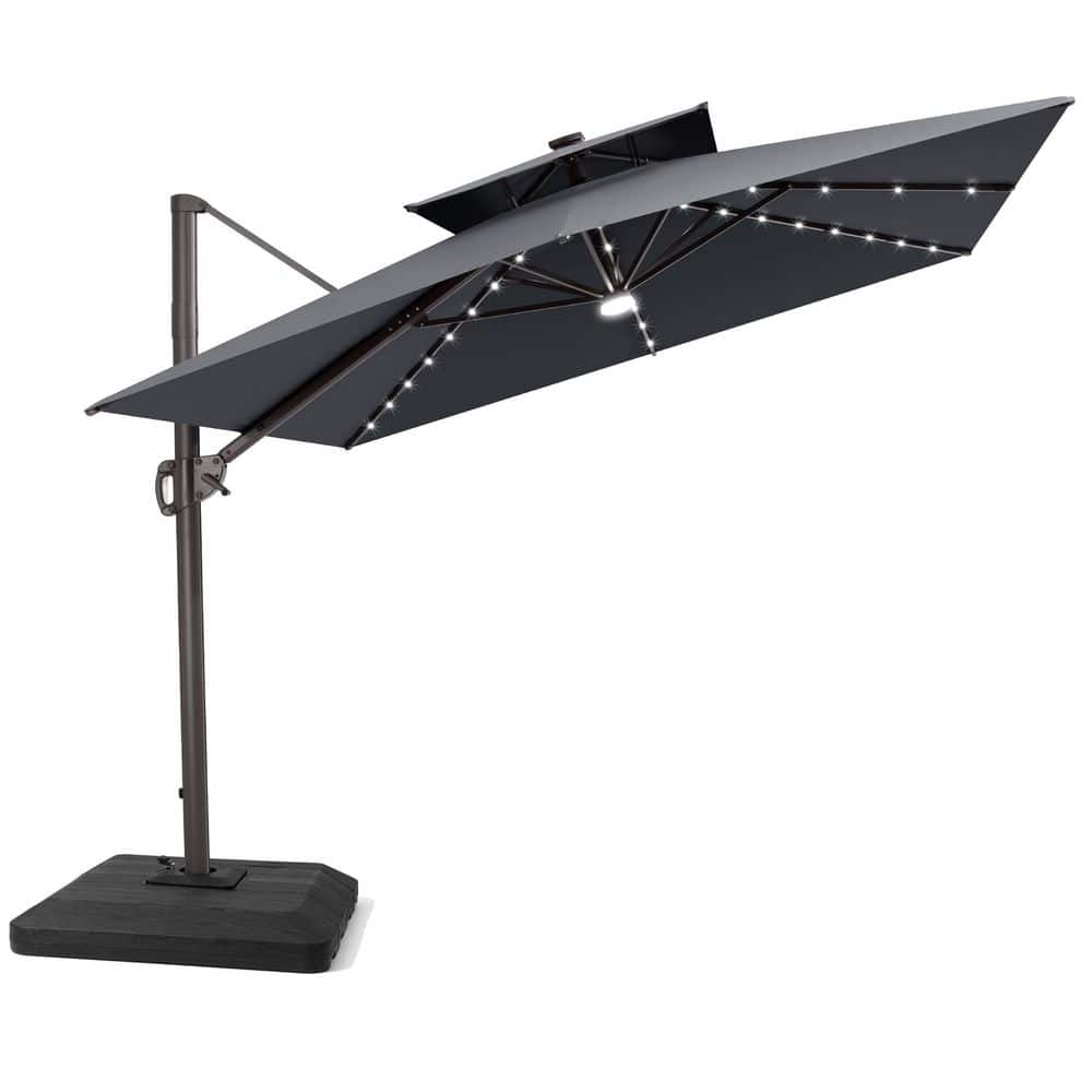 12 ft. x 9 ft. Solar Lighted Cantilever Patio Umbrella with 350 lb. Base Double Top Outdoor Offset Umbrella in Dark Gray price history on PriceWatchPro