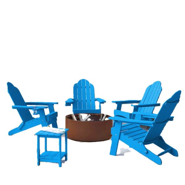 LUE BONA Blue Folding Outdoor Plastic Adirondack Chair with Cup Holder Weather Resistant Patio Fire Pit Chair Set of 4