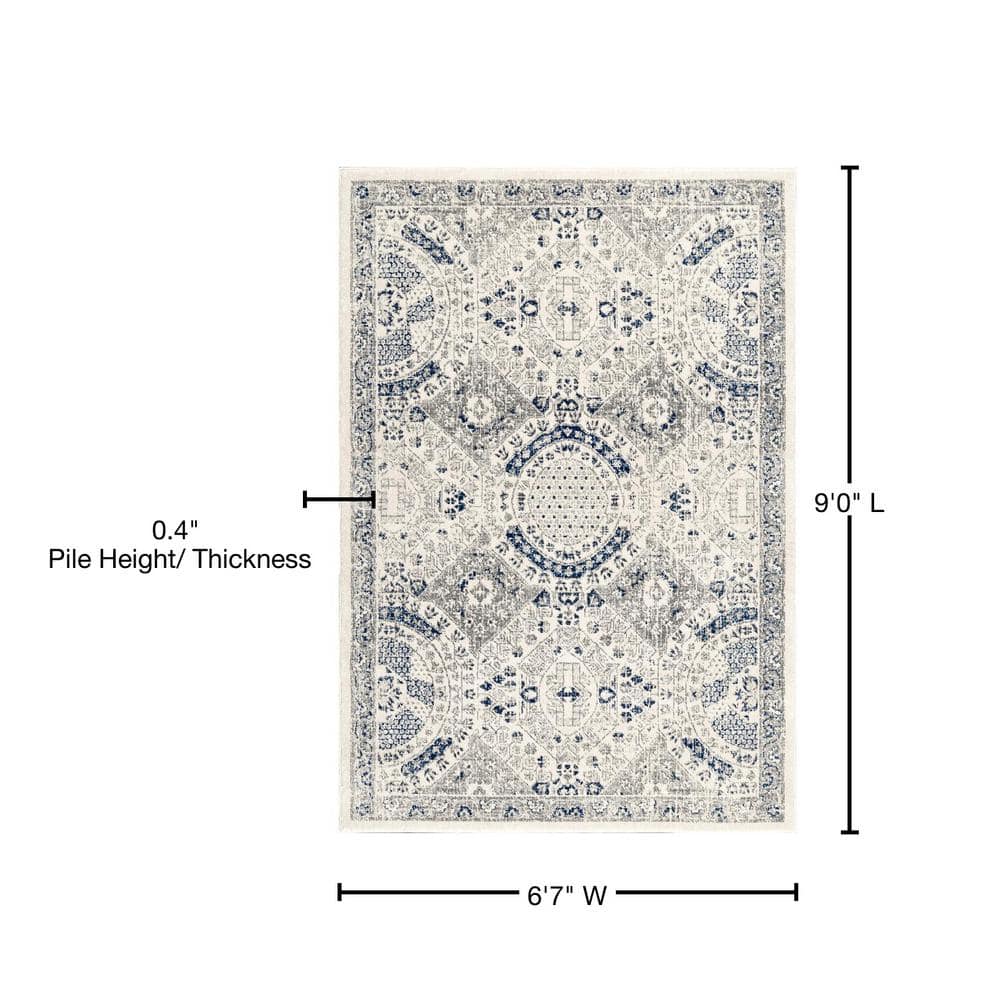 Vintage Blue and Off-White Medallion Synthetic Area Rug