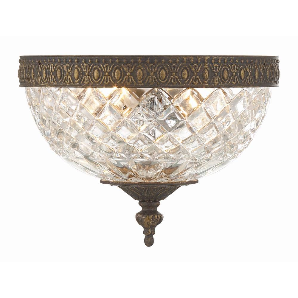 English Bronze Crystal 2-Light Ceiling Mount Fixture