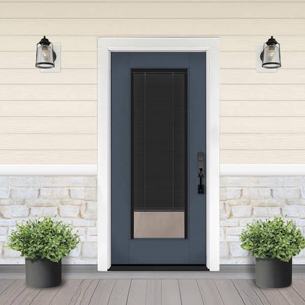 Legacy 30 in. x 80 in. Universal Handing Full Lite Clear Glass Noir Miniblind Dark Denim Fiberglass Front Door Slab
