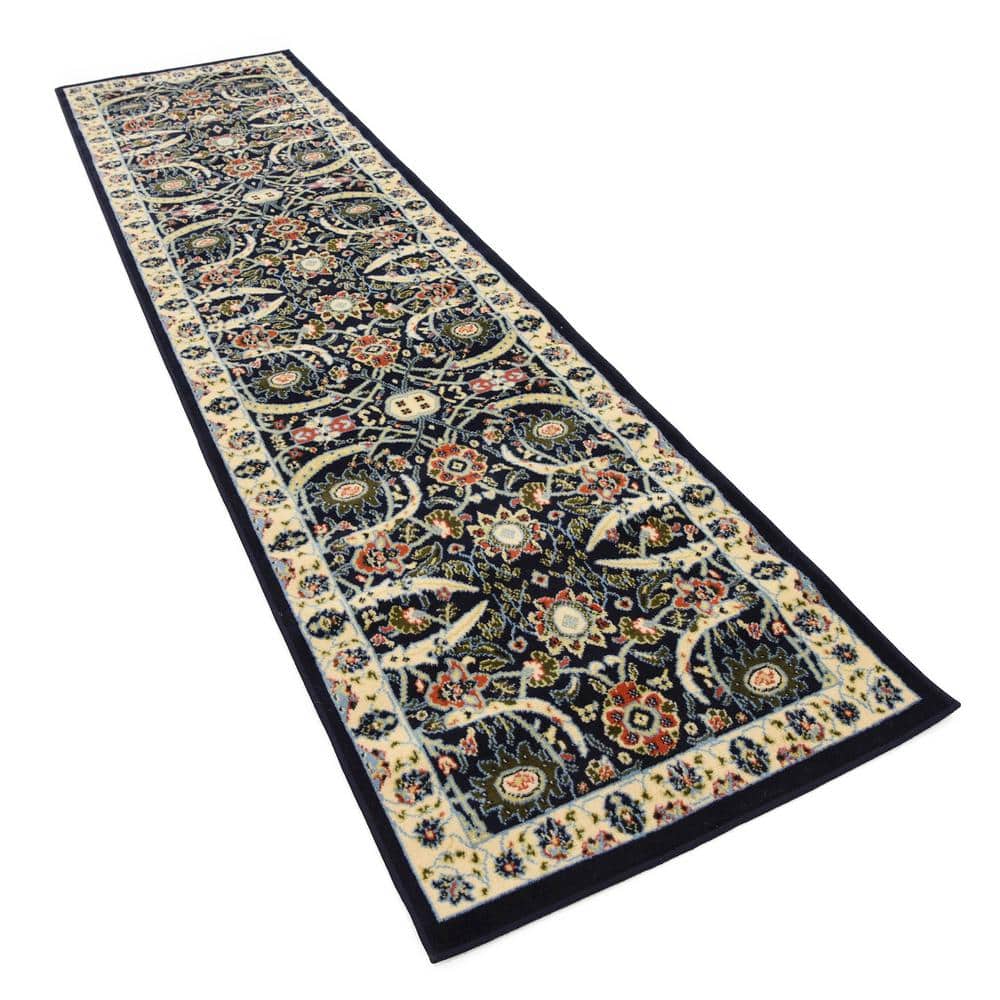 Navy Blue and Beige Floral Synthetic Runner Rug