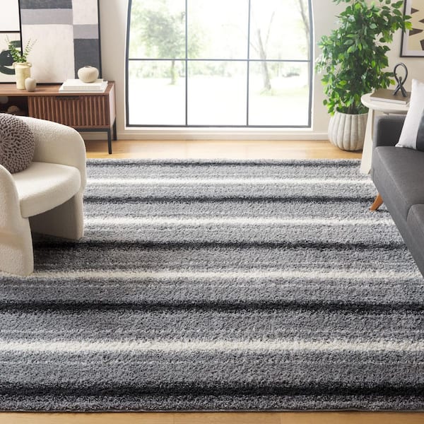 Border and Stripe Shag 8 ft. x 10 ft. Gray/Black Faded Striped Area Rug