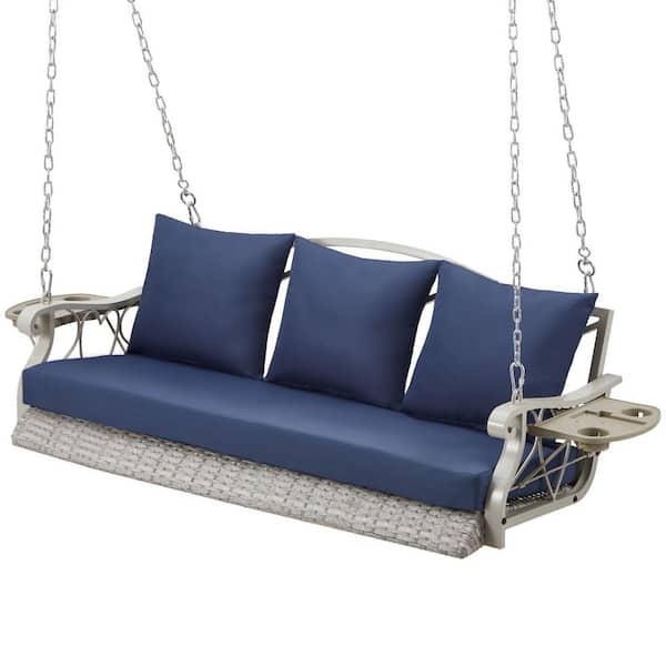 Cesicia 3-Person Heavy Duty 900 lbs. White Wicker Outdoor Porch Swing with Blue Cushions and Cup-Holder