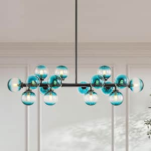 Kaitlyn 16-Light Matte Black Modern Linear Cluster Gradient Blue Glass Globe Bubble Chandelier