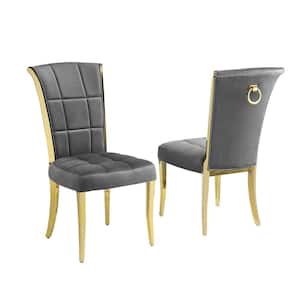 Alondra Dark Grey Velvet Fabric Side Chairs Set of 2 With Gold Chrome Legs And Back Ring Handle