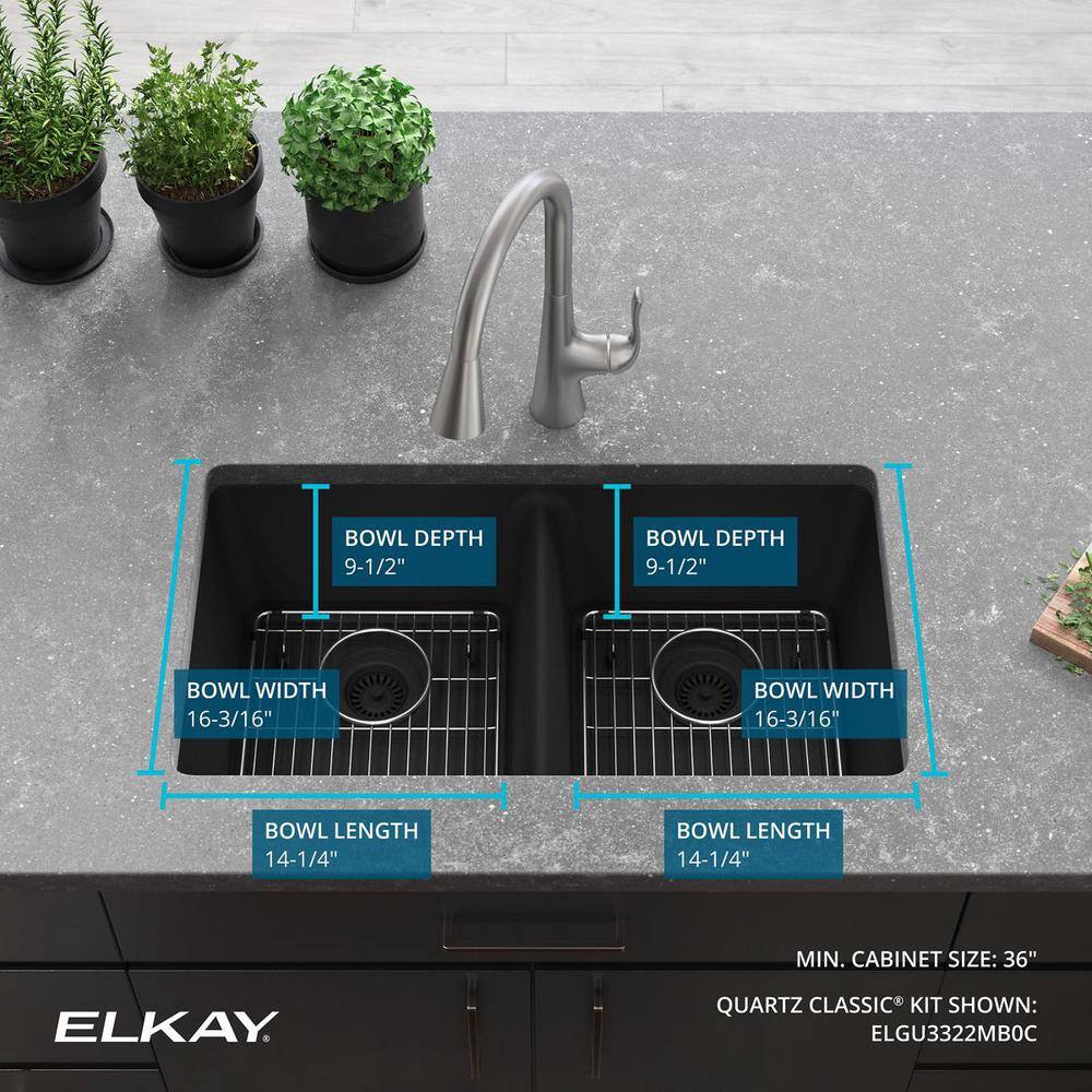 Elkay Quartz Classic 33" x 18-1/2" x 9-1/2", Equal Double Bowl Undermount Sink Kit, Matte Black